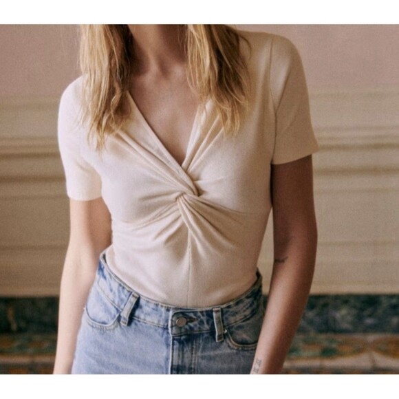 Sezane Maia Top Womens XXL Ivory Short Sleeve Twisted Front T Shirt Cotton Blend - Picture 1 of 8